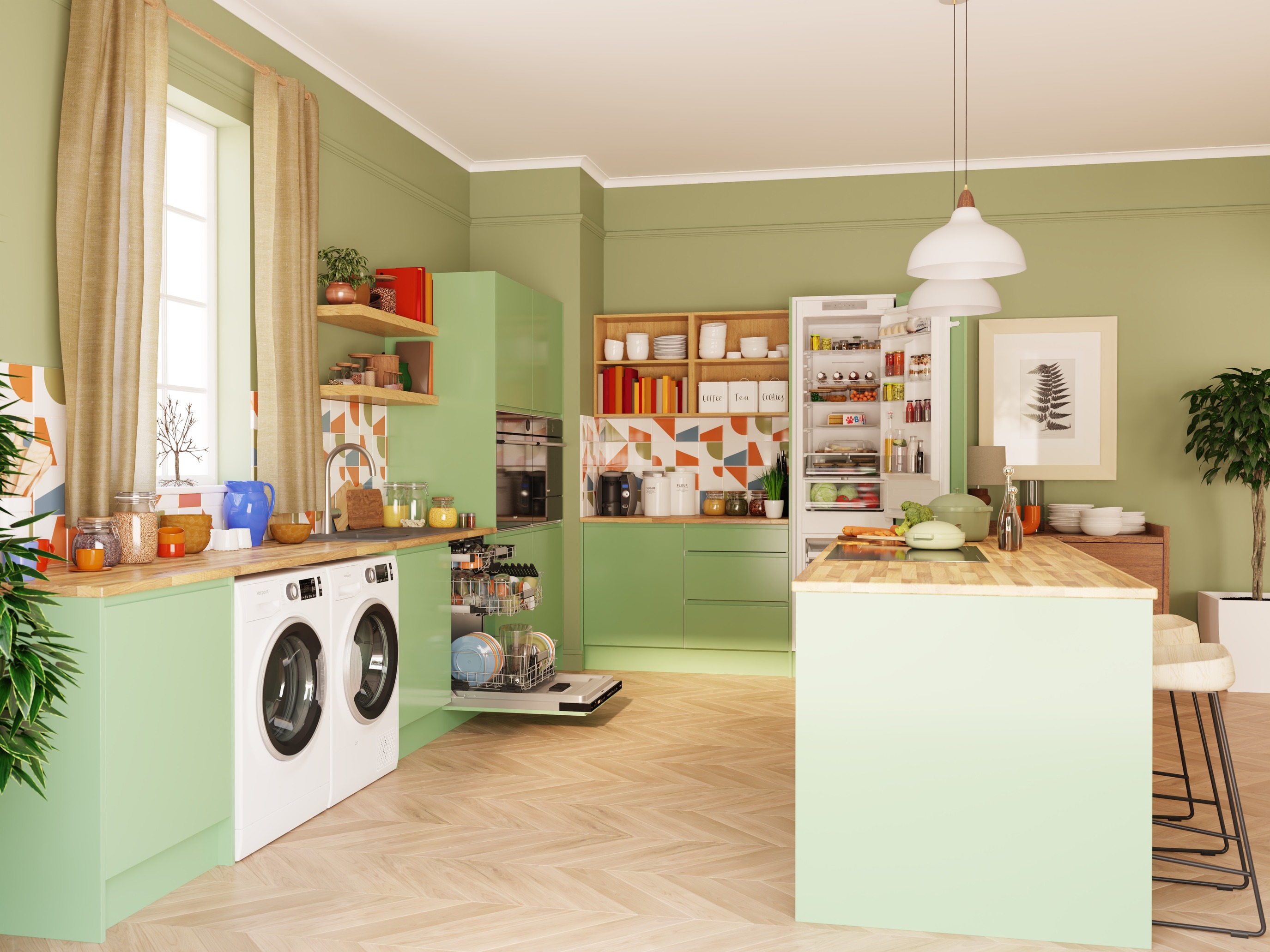Hotpoint domestic appliances - washing machine, tumble dryer, hob, oven, dishwasher, and refrigerator displayed in a green kitchen setting
