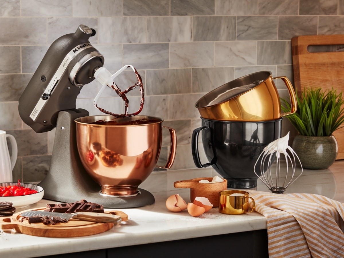 Silver mixer with paddle attachment and radiant copper mixing bowl