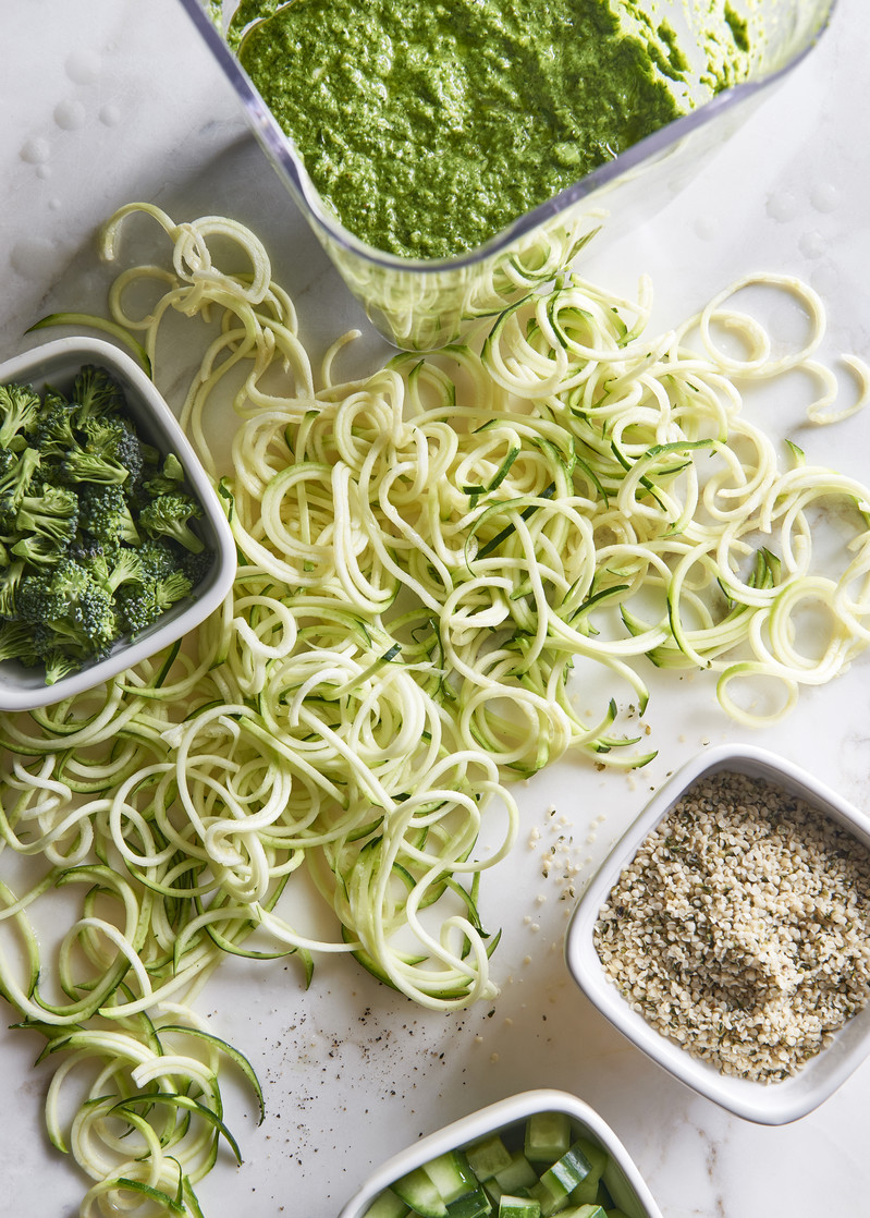 Spiralized zucchini pasta with broccoli basil pesto