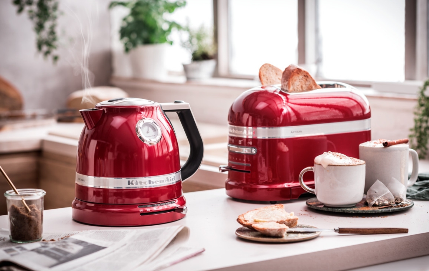 Red Artisan breakfast set with kettle and toaster