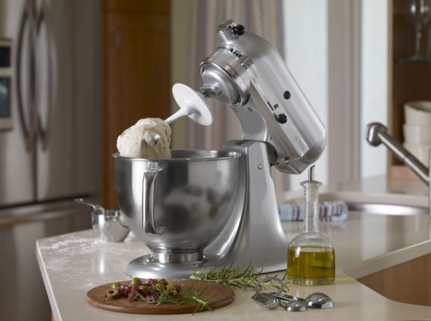 Stainless steel mixer tilt head and mixing bowl with dough hook attachment