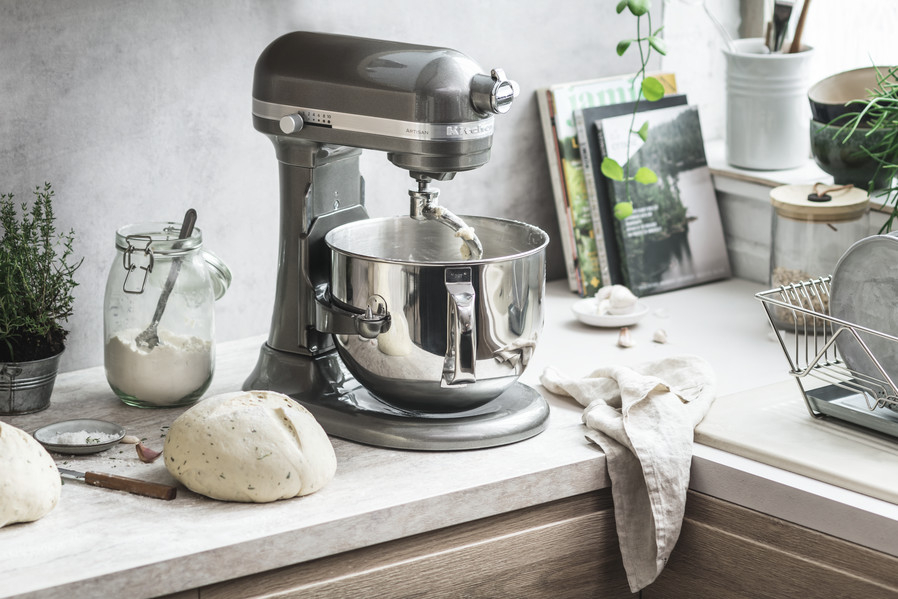 Silver stand mixer with stainless steel dough hook