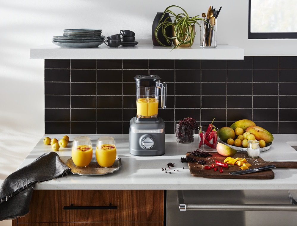 Charcoal grey blender on worktop in stylish kitchen