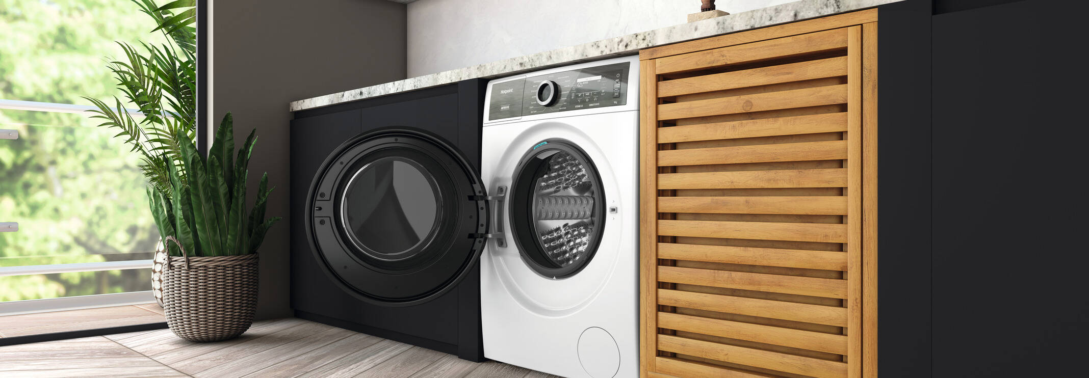 Modern laundry room with white washing machine and black dryer, wooden accents, and ample natural light.