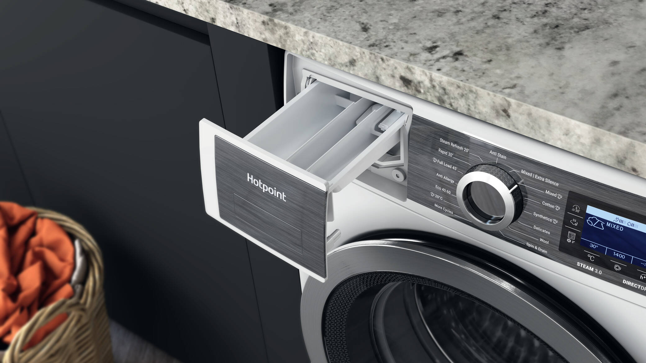 Open detergent drawer of a silver Hotpoint washing machine with a digital display.