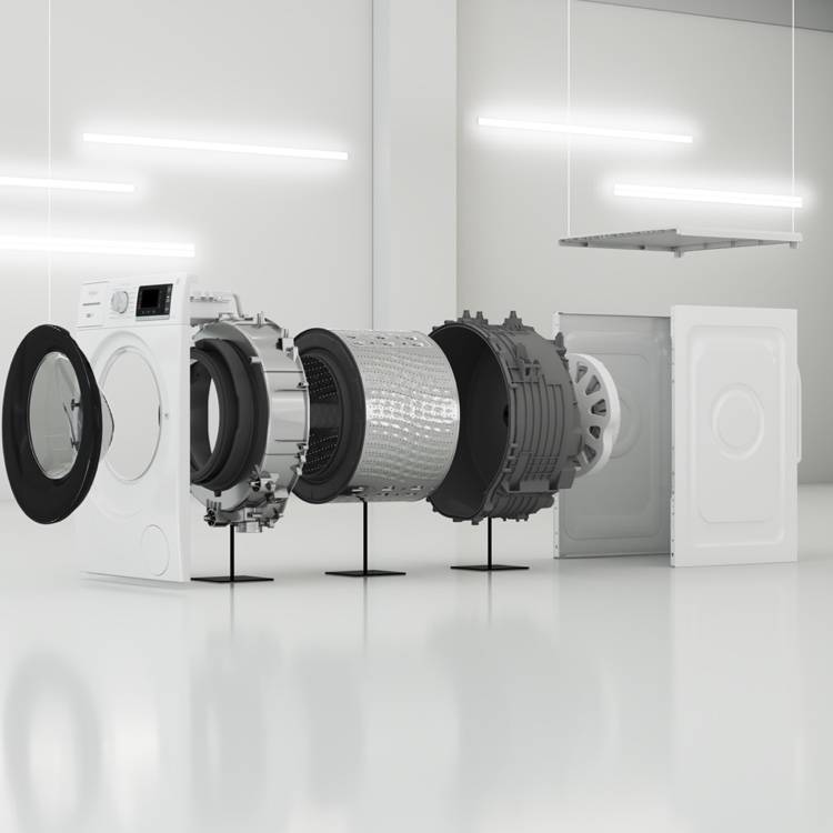 Ricostruzione della lavatrice con alcune parti come il motore