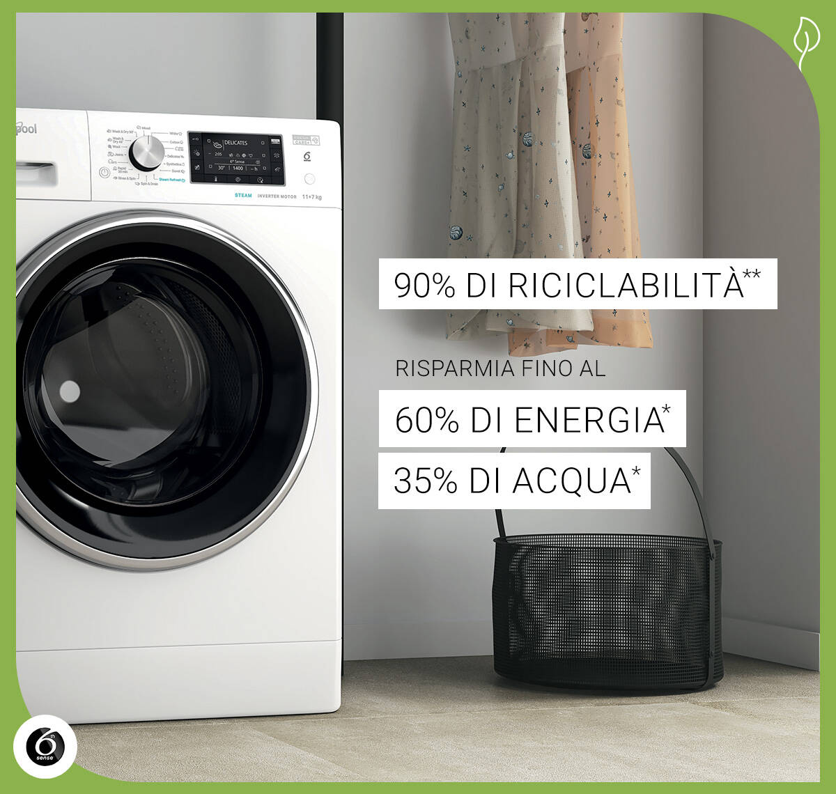 Le lavasciuga FreshCare+ risparmiano fino al 60% di energia o il 35% di acqua ad ogni ciclo. Riciclabilità fino al 90%.