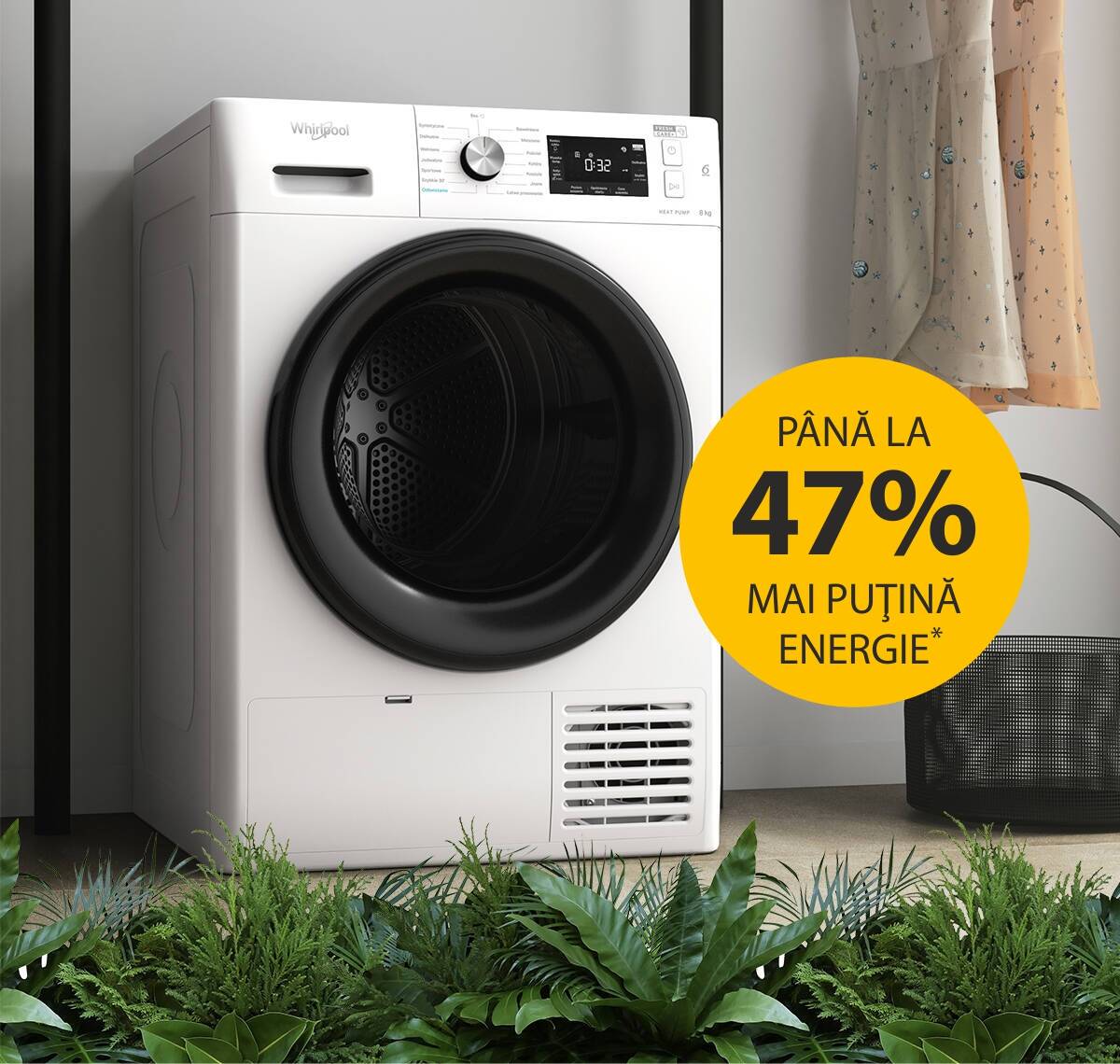 Uscătoarele de rufe FreshCare+ economisesc până la 47% energie la fiecare ciclu de uscare.