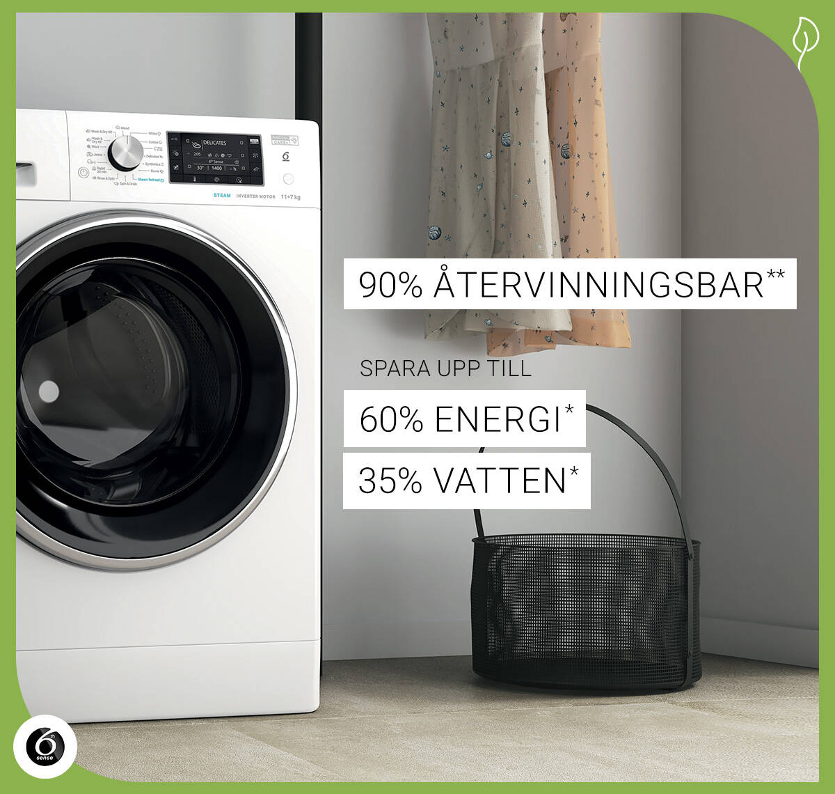 FreshCare+ kombinerad tvättork sparar energi och vatten vid varje program