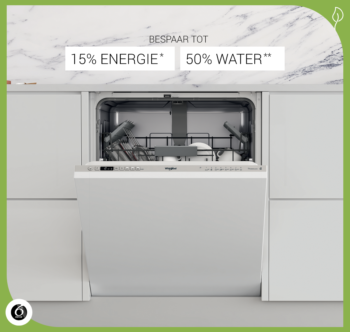 Whirlpool Supreme Clean vaatwassers besparen bij elke afwasbeurt energie en water.