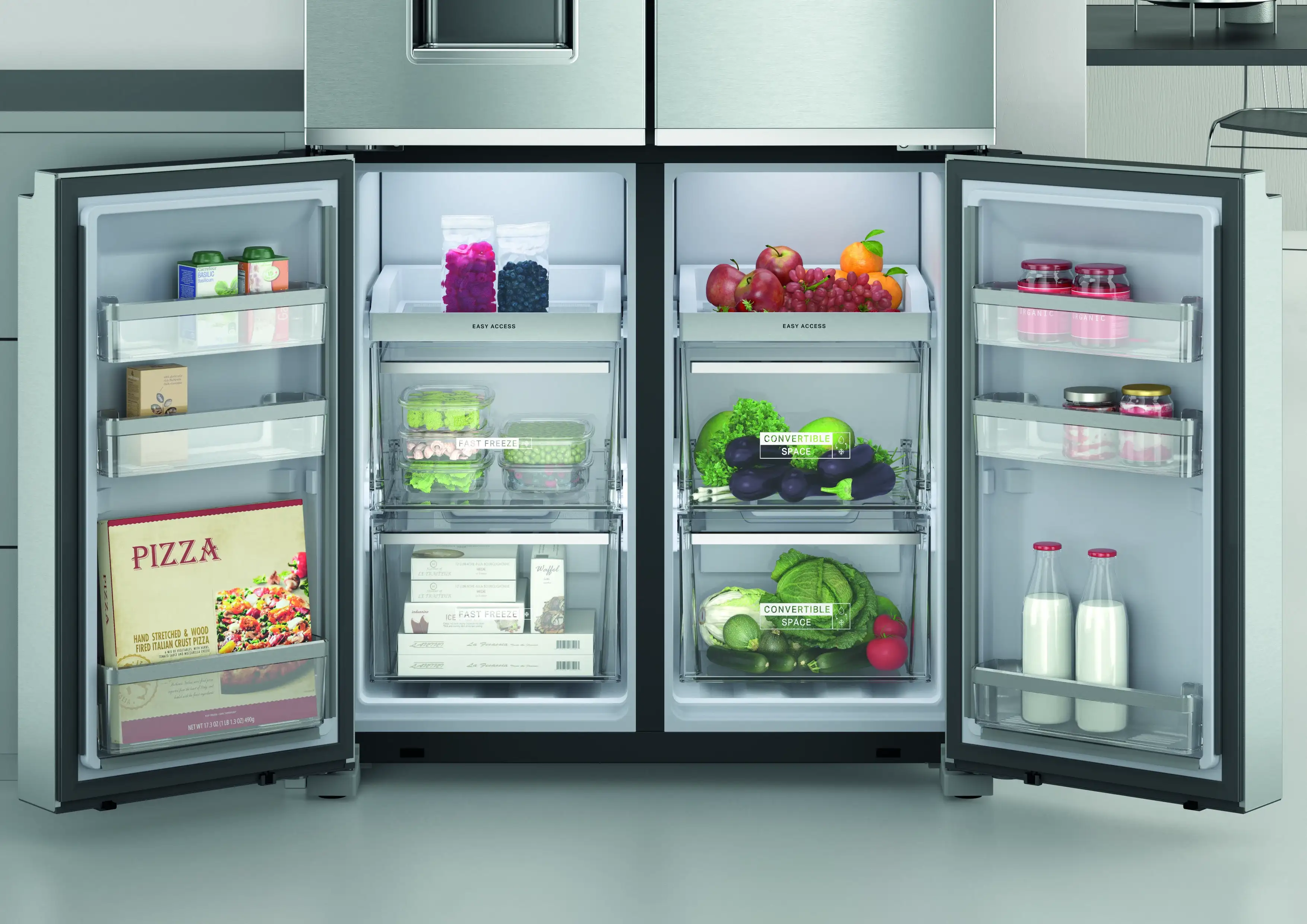 Spazio convertibile del frigorifero che passa da congelatore a frigorifero in un solo tocco