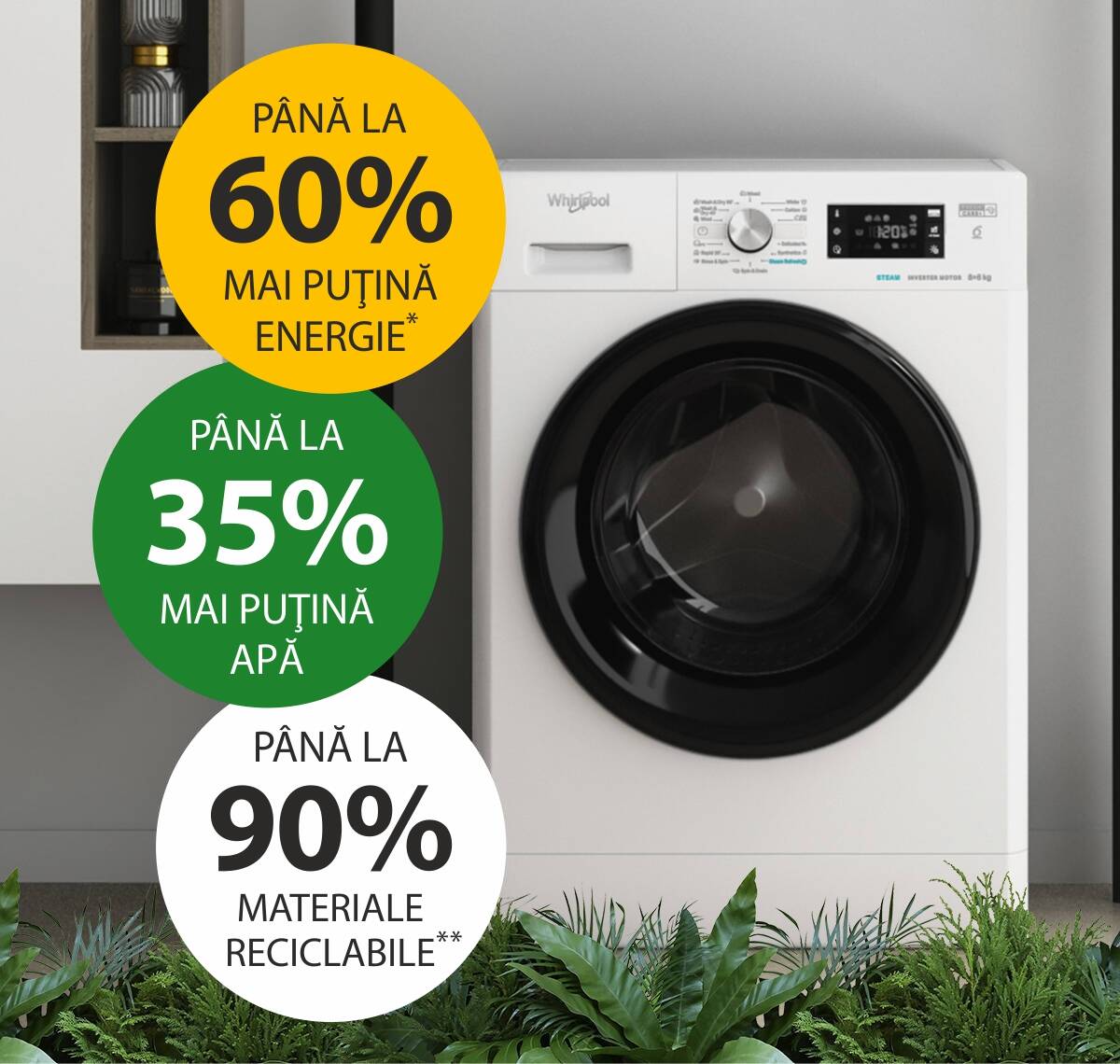 Mașinile de spălat rufe cu uscător FreshCare+ economisesc până la 60% energie sau 35% apă la fiecare cilcu de spălare sau uscare. Grad de reciclare de până la 90%.